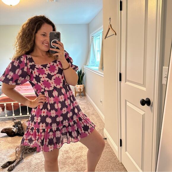 Banjanan Pink Purple Block Printed Ikat Cotton Square Neck Mini Dress Small - Picture 5 of 13